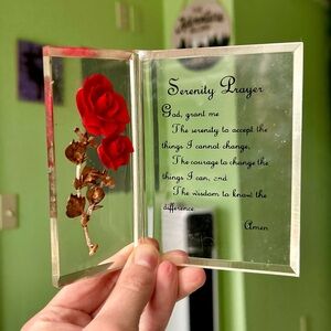 VTG Serenity Prayer Glass Encased Faux Floral Rose Cottagecore Glassware Art